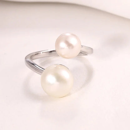 Bulk custom female ladies 925 sterling silver casual freshwater pearl women's ring with two pearls