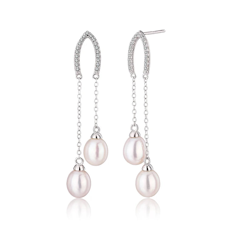 925 sterling silver cubic zirconia diamond freshwater pearl long drop dangle earings