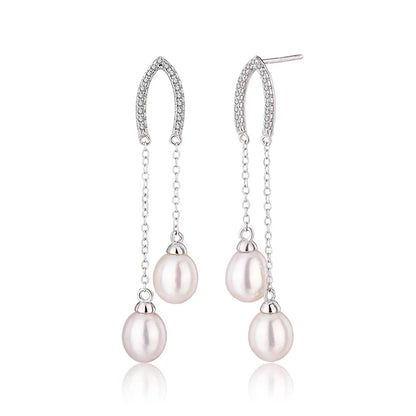 925 sterling silver cubic zirconia diamond freshwater pearl long drop dangle earings