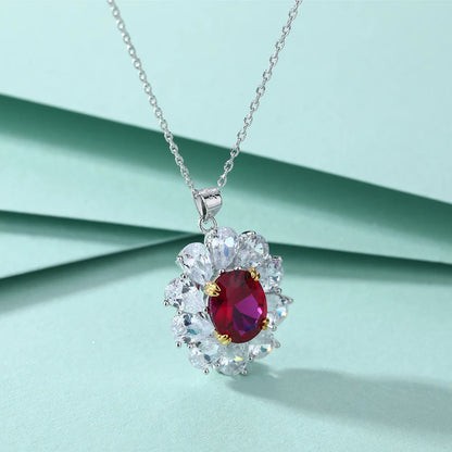 Luxury Fancy Colored Initial Ruby Gemstone Oval Cut 8*10mm Sunflower Shaped Pendant Necklaces 925 Silver