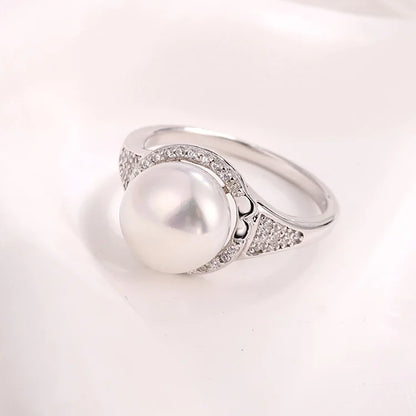 Custom LOGO fashion high-end 925 sterling silver real fresh water pearl ring with little small diamonds