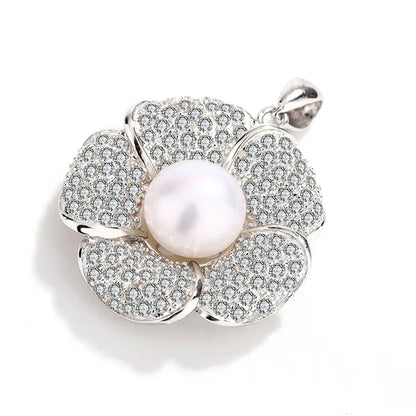 925 sterling silver claw set pave diamond flower shape pendant with freshwater pearl