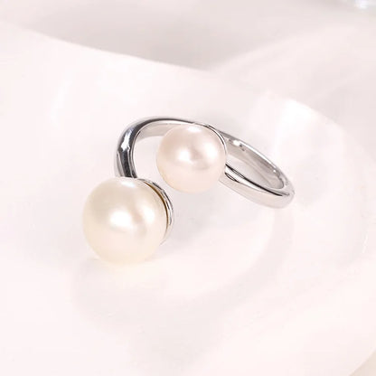 Bulk custom female ladies 925 sterling silver casual freshwater pearl women's ring with two pearls