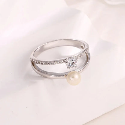 Double ring original simple unique dainty ladies pearl zircon mosonite diamond ring