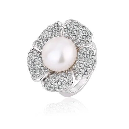 Fashionable Special 925 Sterling Silver Flower Shape Big Pearl Ring with Fine Zircon Diamonds