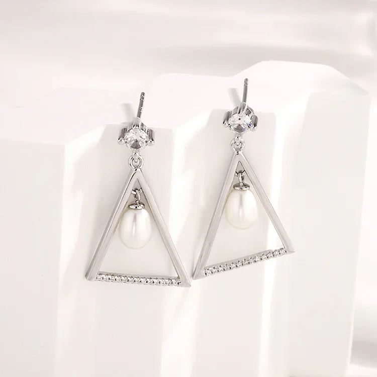 Wholesale bulk fashion statement luxury jewelry ladies womens 925 silver pearl triangle triangle earrings