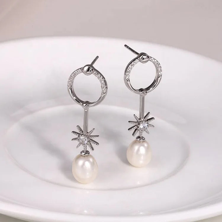 Trendy wholesale bulk fashion jewelry ladies zircon 925 silver pearl studs earrings for women