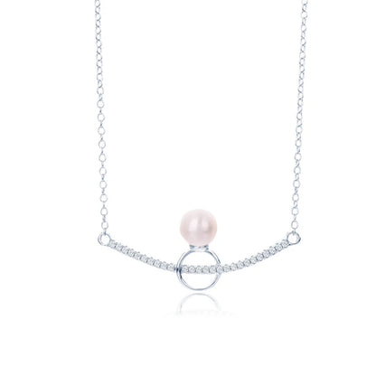 High quality rhodium plated 925 sterling silver minimalist simple necklace with a pearl