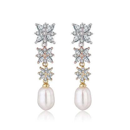 Wholesale bulk fine jewelry fashionable zircon 925 sterling silver long pearl drop earrings