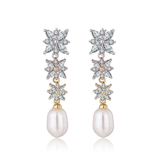 Wholesale bulk fine jewelry fashionable zircon 925 sterling silver long pearl drop earrings