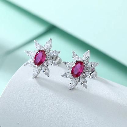 Fine Jewelry Sunflower Shaped Studs Fancy Colored Initial Ruby Gemstone Shiny Earring Studs 925 Silver