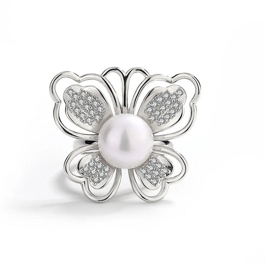 Wholesale customizable logo butterfly shape diamond inlaid 925 sterling silver pearl ring