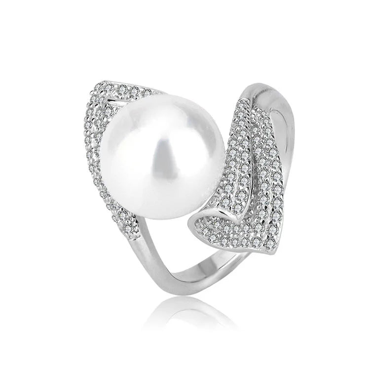 Custom modern one freshwater pearl and cubic zirconia engagement ring with diamonds