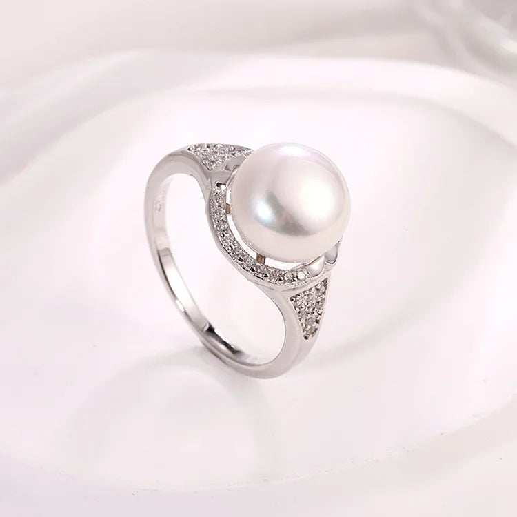 Custom LOGO fashion high-end 925 sterling silver real fresh water pearl ring with little small diamonds