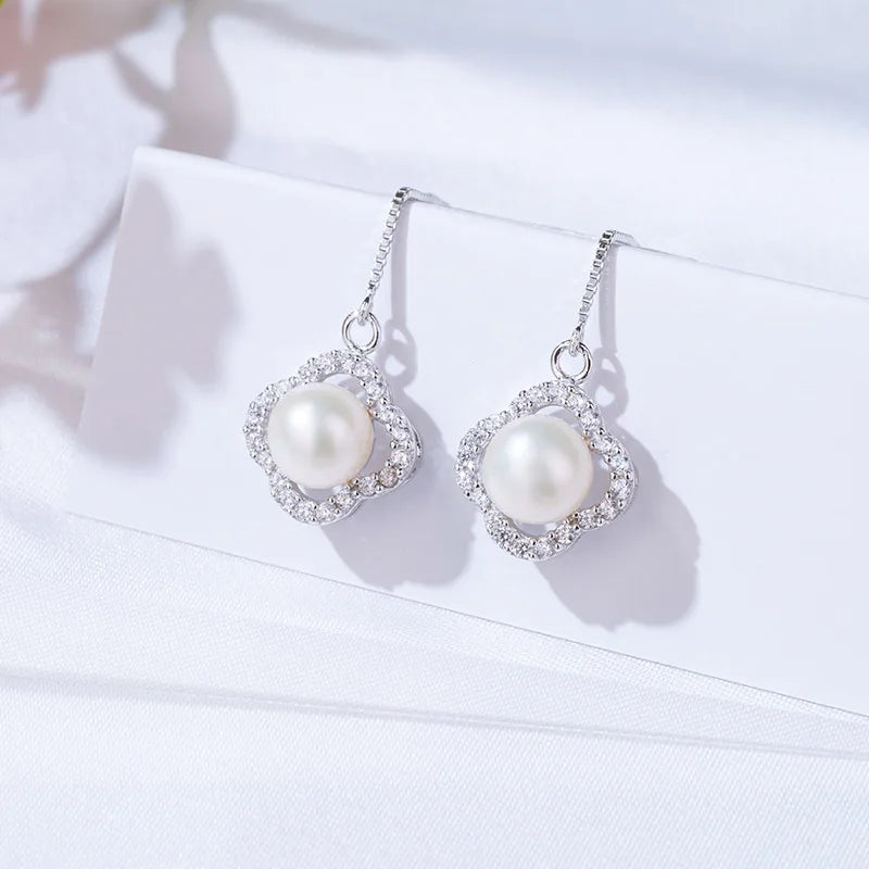 luxury 925 Silver Freshwater pearl earring ladies fashion drop pendant earrings Rhodium Plated  Engagement Women  Stud Earrings