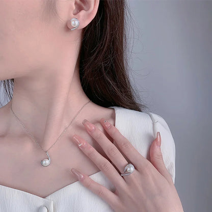 High quality pearl ring pendant necklace earrings set fashion luxury 925 sterling silver zircon jewelry sets for women