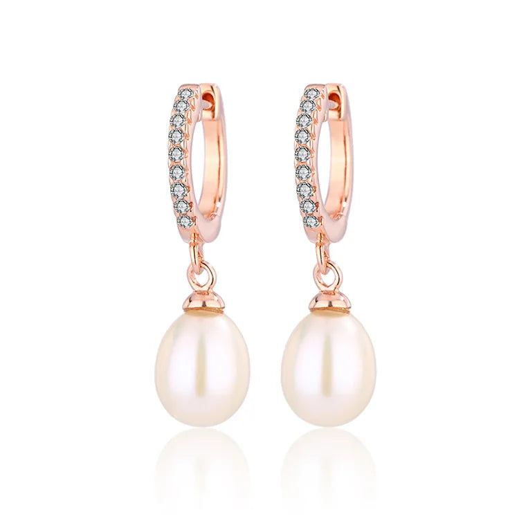 Trendy fashion jewelry statement 18k classy rose gold plated sterling silver pearl stud earrings with zircon diamond