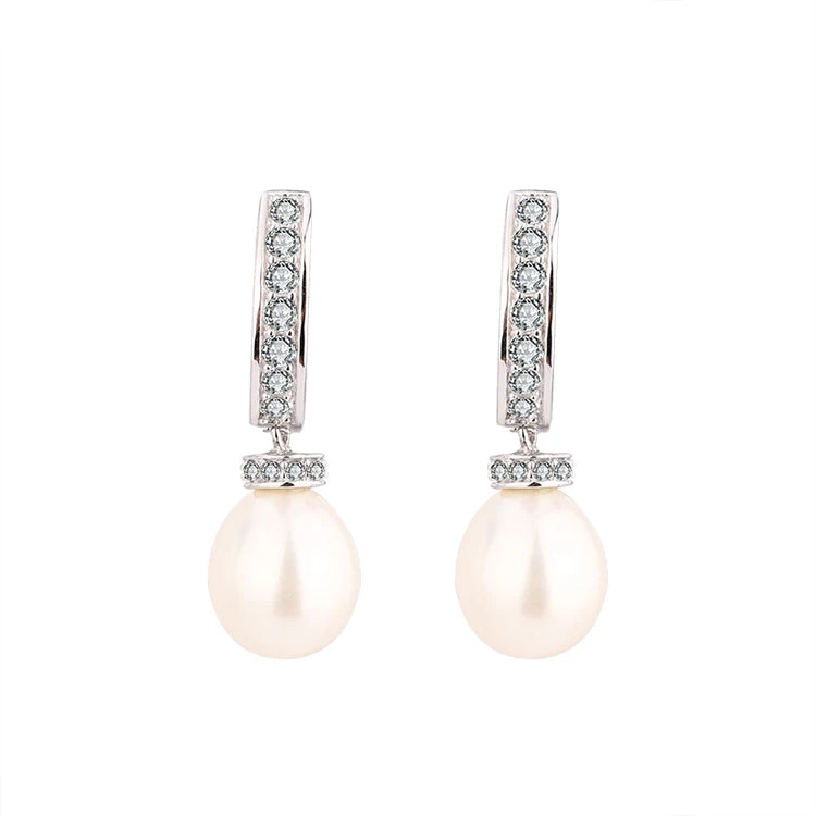 8.5mm 9mm pearl dangle drop simple crystal 925 sterling silver freshwater cultured pearl earrings