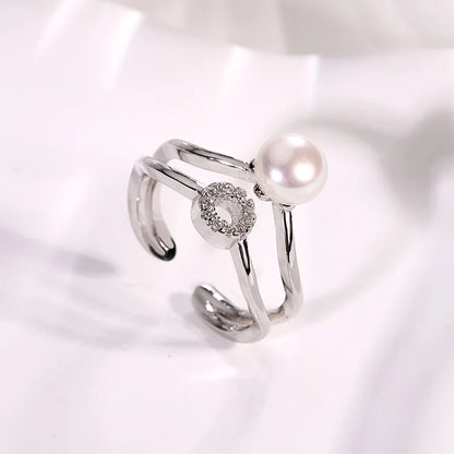 Open Adjustable Double Ring 925 Sterling Silver Women's Flash Water Pearl Ring