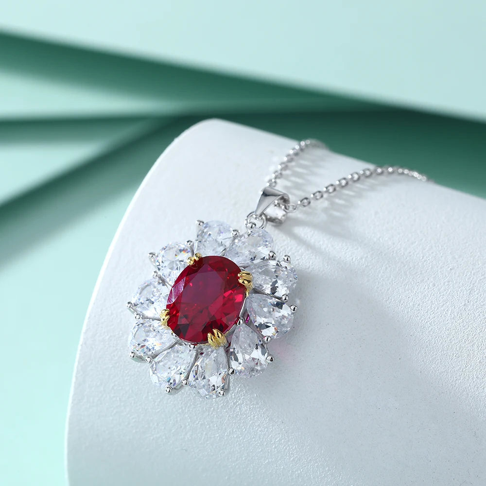 Luxury Fancy Colored Initial Ruby Gemstone Oval Cut 8*10mm Sunflower Shaped Pendant Necklaces 925 Silver