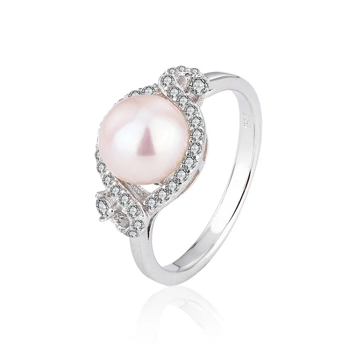 Women white pearl and diamond 925 sterling silver ring engagement wedding ring for female