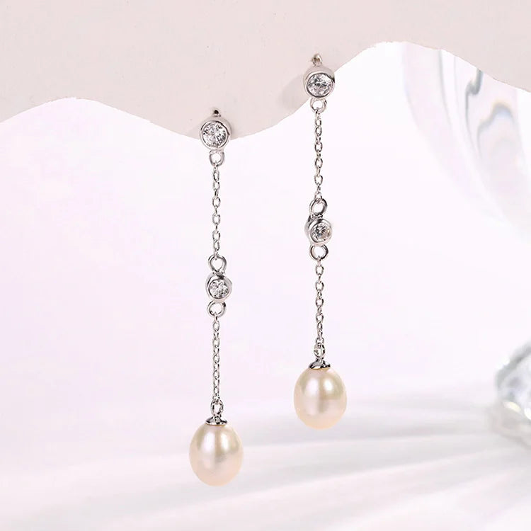 Zircon CZ diamond 925 sterling silver freshwater cultured pearl long chain drop earrings with chain