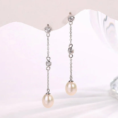 Zircon CZ diamond 925 sterling silver freshwater cultured pearl long chain drop earrings with chain