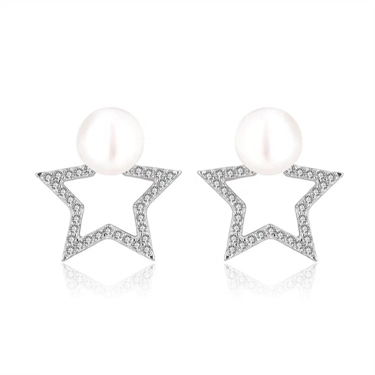 Custom logo mini oem jewelry women simple zirconia fresh water natural pearl star stud earrings