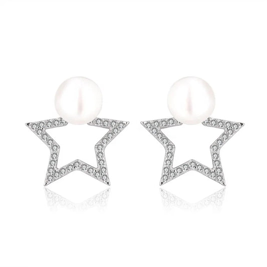 Custom logo mini oem jewelry women simple zirconia fresh water natural pearl star stud earrings