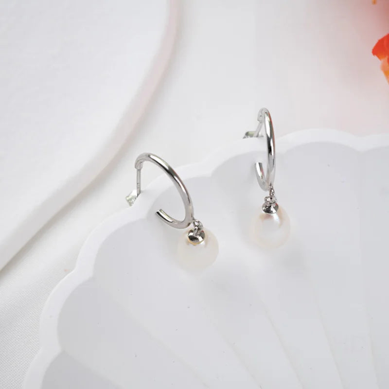 Circle gemstone fresh water pearl real 925 sterling silver freshwater pearl dangle drop earrings