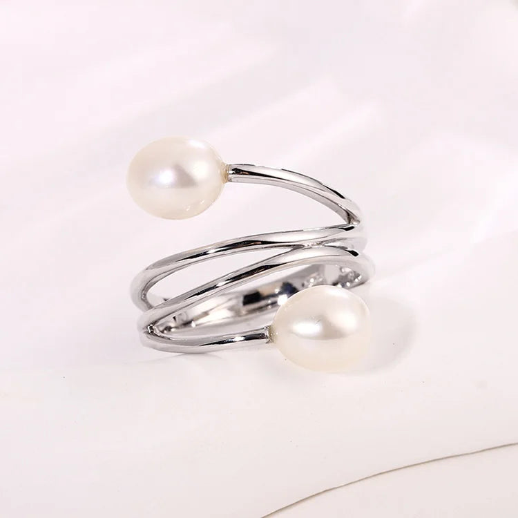 Beautiful fashionable double ring double fresh water pearl 925 sterling silver ring with two pearls