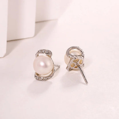 Vintage cubic zirconia diamond and pearl stud wedding 925 sterling silver freshwater cultured pearl earrings