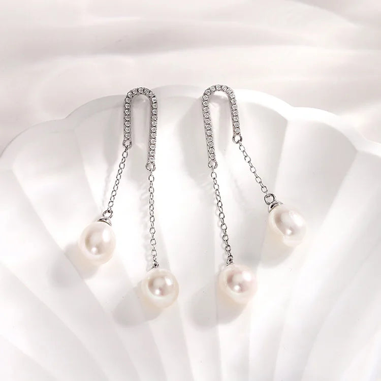 Fashionable 925 sterling silver waterdrop freshwater pearl drop long chain dangle zircon earrings