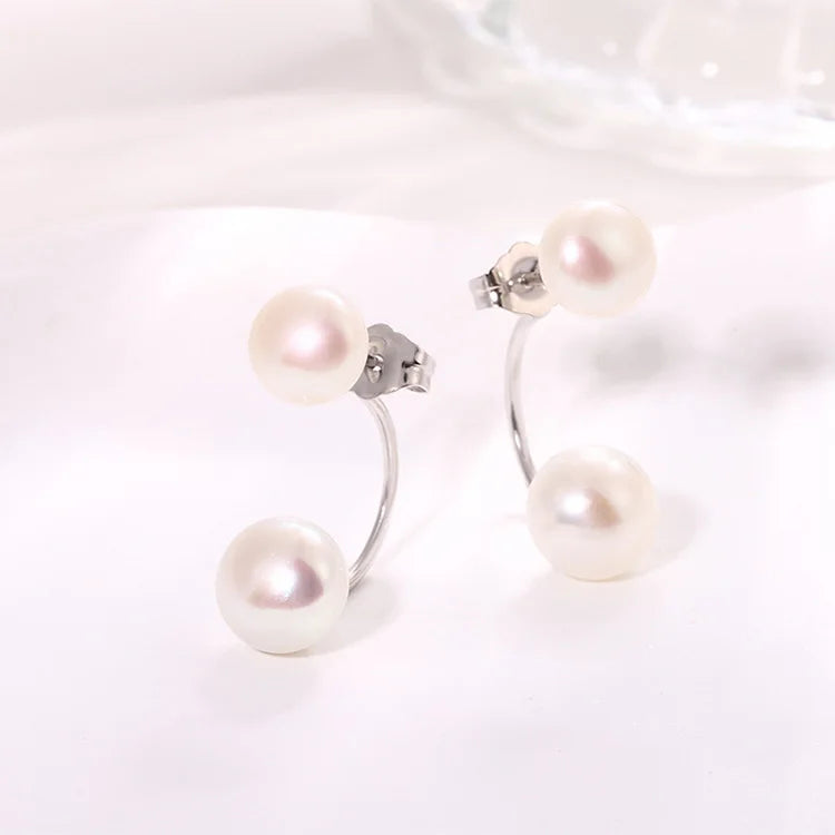 6.5mm 7mm double pearl simple 925 sterling silver freshwater cultured pearl dangle drop earrings