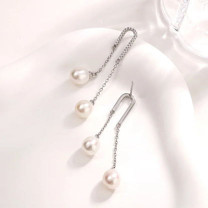 Fashionable 925 sterling silver waterdrop freshwater pearl drop long chain dangle zircon earrings