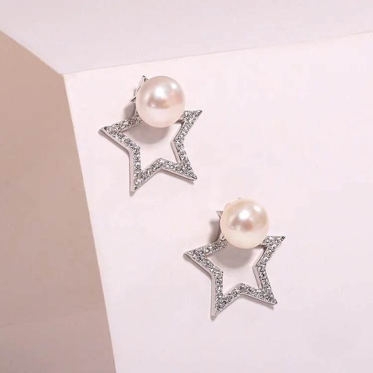 Custom logo mini oem jewelry women simple zirconia fresh water natural pearl star stud earrings