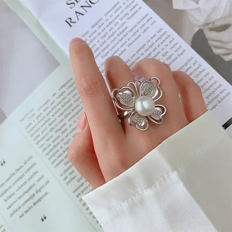 Wholesale customizable logo butterfly shape diamond inlaid 925 sterling silver pearl ring