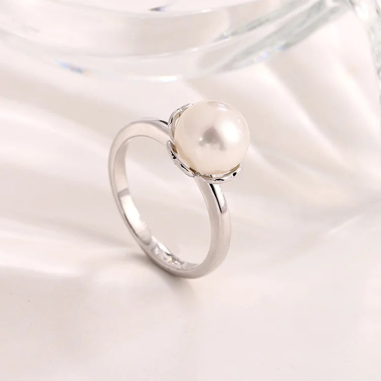 Elegant minimalist style simple design modern real pearl 925 sterling silver wedding engagement ring for women