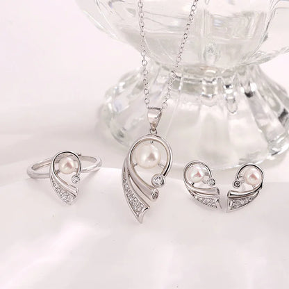 Fashion pearl jewelry 925 sterling silver earrings pendant ring and necklace sets