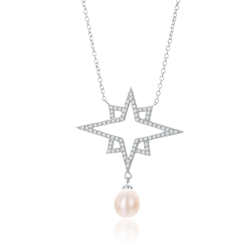 Wholesale price original cultured real pearl sterling silver star pendant necklace with diamond setting