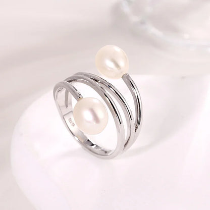 Beautiful fashionable double ring double fresh water pearl 925 sterling silver ring with two pearls