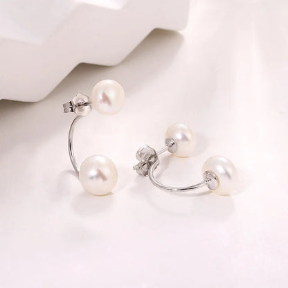 6.5mm 7mm double pearl simple 925 sterling silver freshwater cultured pearl dangle drop earrings