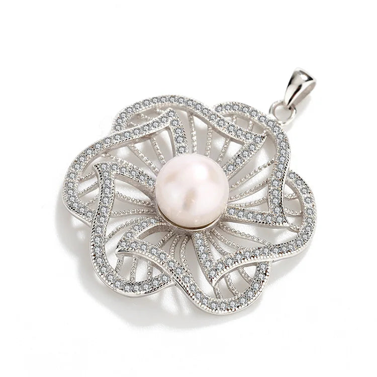 Wholesale custom fashion dainty diamond-set 925 sterling silver single pearl flower shaped pendant