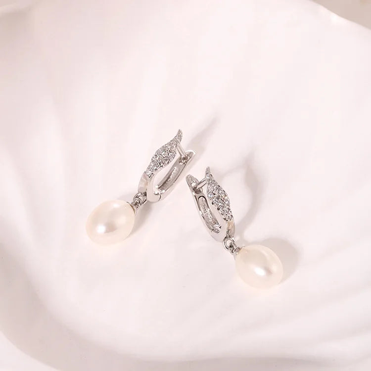 Wedding 925 sterling silver freshwater cultured pearl statement drop clasp earrings