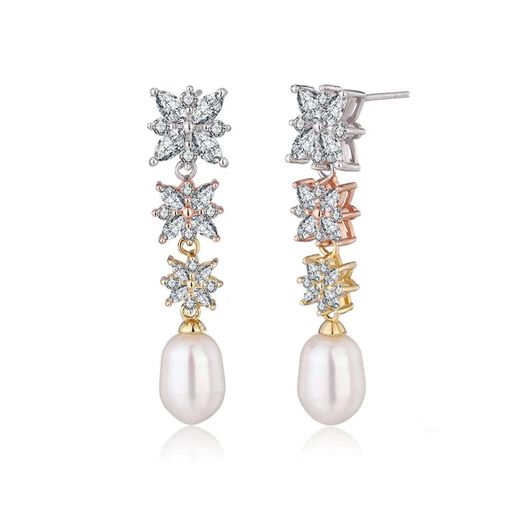 Wholesale bulk fine jewelry fashionable zircon 925 sterling silver long pearl drop earrings