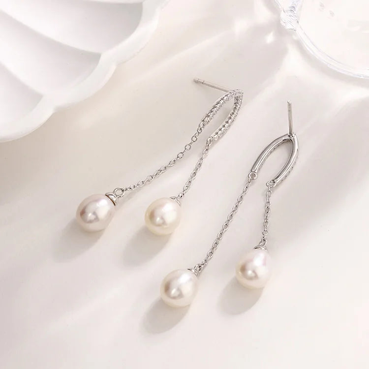 925 sterling silver cubic zirconia diamond freshwater pearl long drop dangle earings