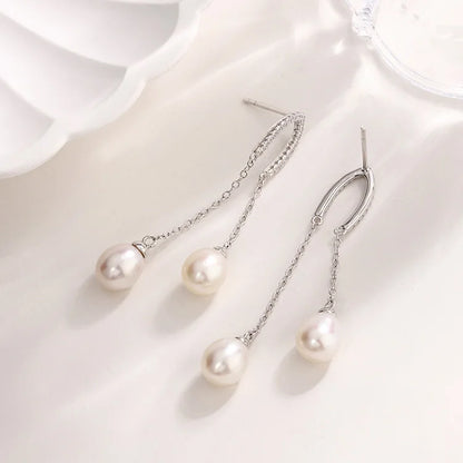 925 sterling silver cubic zirconia diamond freshwater pearl long drop dangle earings