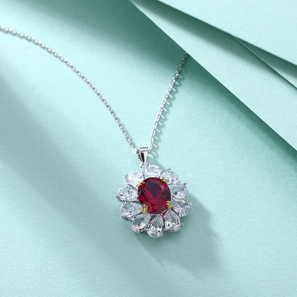 Luxury Fancy Colored Initial Ruby Gemstone Oval Cut 8*10mm Sunflower Shaped Pendant Necklaces 925 Silver