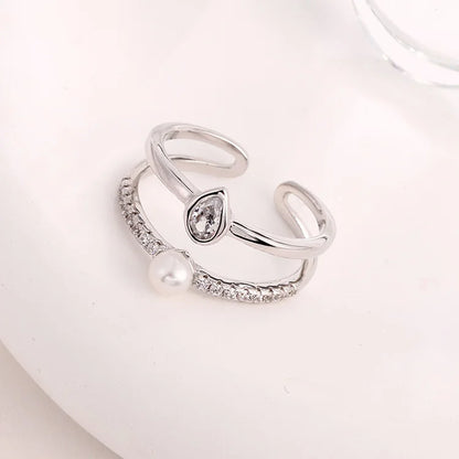 Custom fine jewelry simple double ring claw-set zircon diamond freshwater pearl silver ring