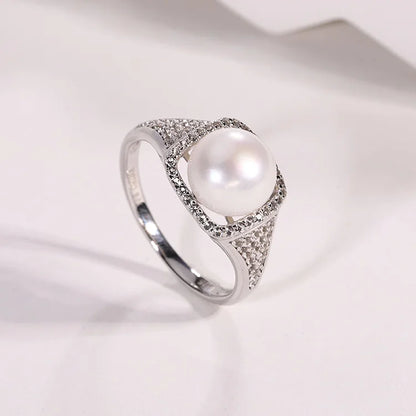 Inlaid small fine diamond 925 sterling silver freshwater pearl high-end luxury ring for ladies